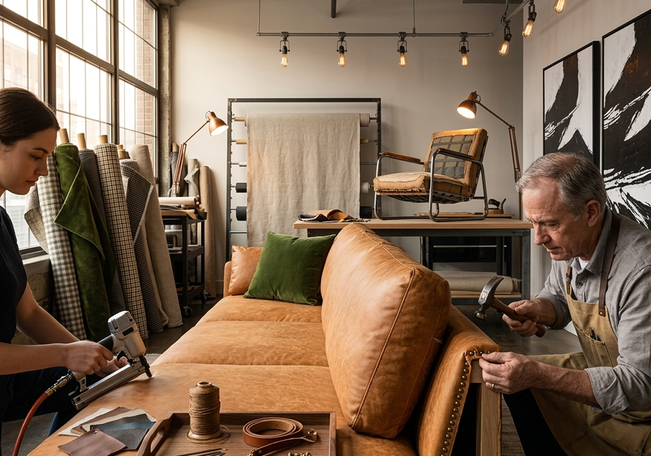Skilled craftsman doing furniture upholstery